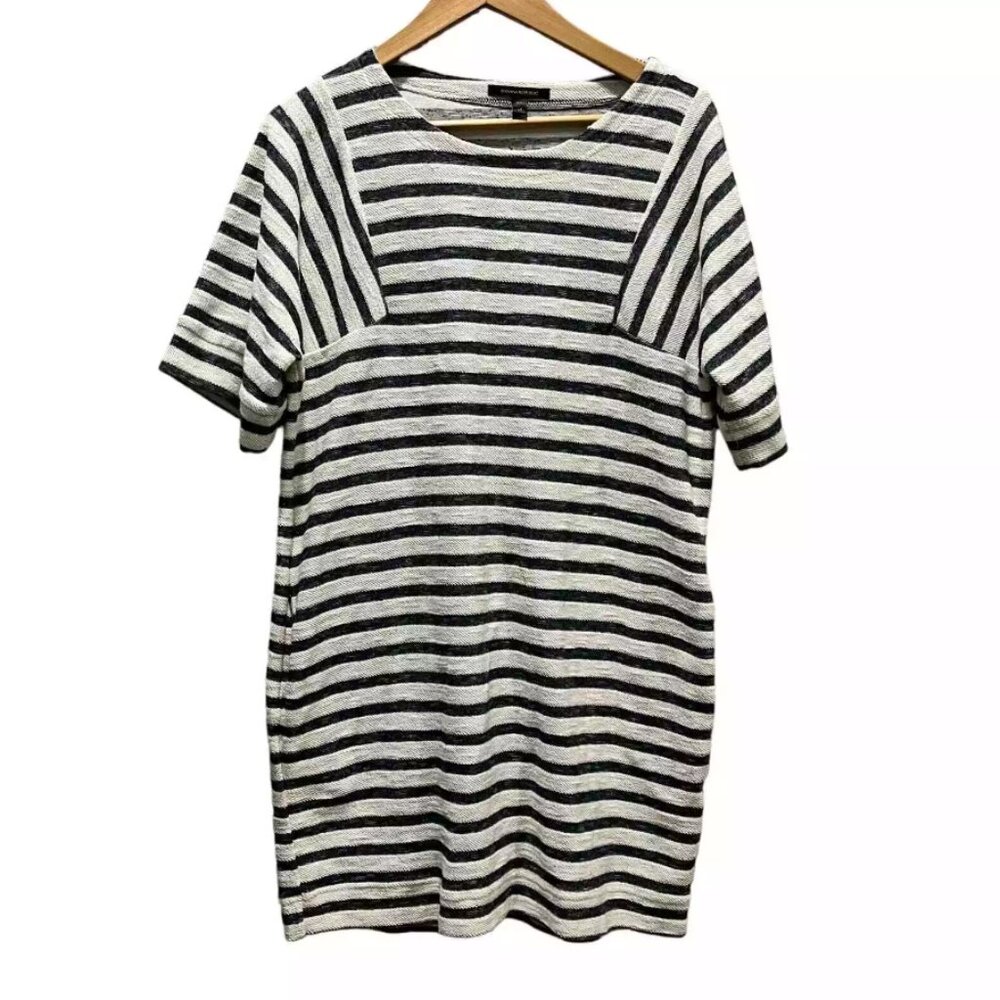 Banana Republic Heathered Gray and Cream Striped Textured Cotton Dress Size S